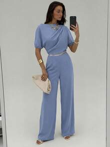 Aloruh 新款简约纯色杏色褶裥装饰不对称肩部连体裤，性感收腰阔腿裤 - 霧霾藍 - 查看 7