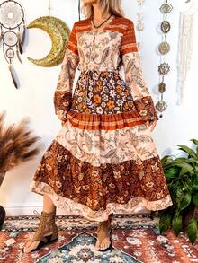 波西米亚风拼接连衣裙，宽松V领度假连衣裙 - 彩色 - 查看 4