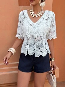 Selianne Women's Casual Crochet Hollow V-Neck Short Sleeve Top, Spring/Summer - White - View 1