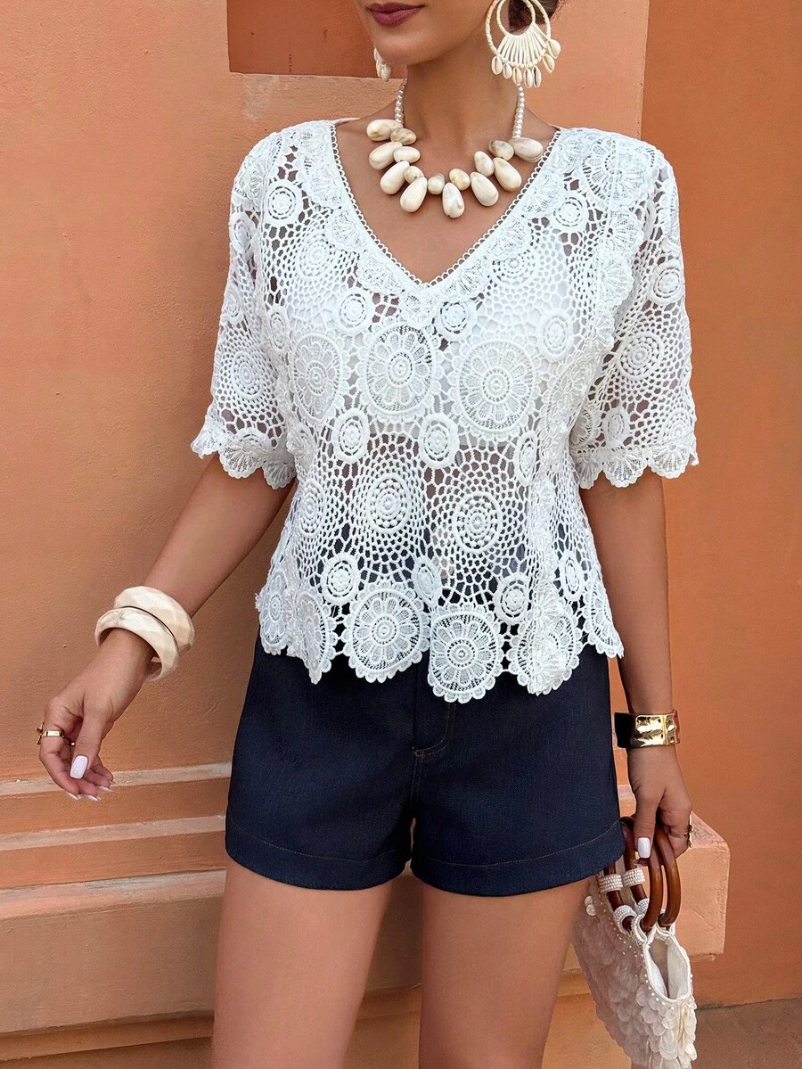Selianne Women's Casual Crochet Hollow V-Neck Short Sleeve Top, Spring/Summer - White - View 1