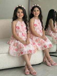 Tween Girl Loose Elegant Halter Neck Sleeveless Ruffle Floral Print Chiffon Midi Dress Elegant  Wedding Outfits - Pink - View 3