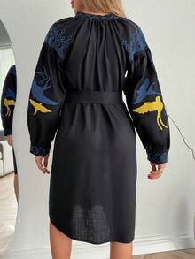 Women's Bohemian Style Embroidered Long Sleeve Belted Midi A-Line Dress, Black - Black - View 2