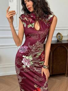 EastFlair Đầm nữ thanh lịch tay cài cúc ôm dáng họa tiết hoa và rồng, đầm màu rượu vang, đầm in hoa. - Màu Đỏ Sâu - Xem 4