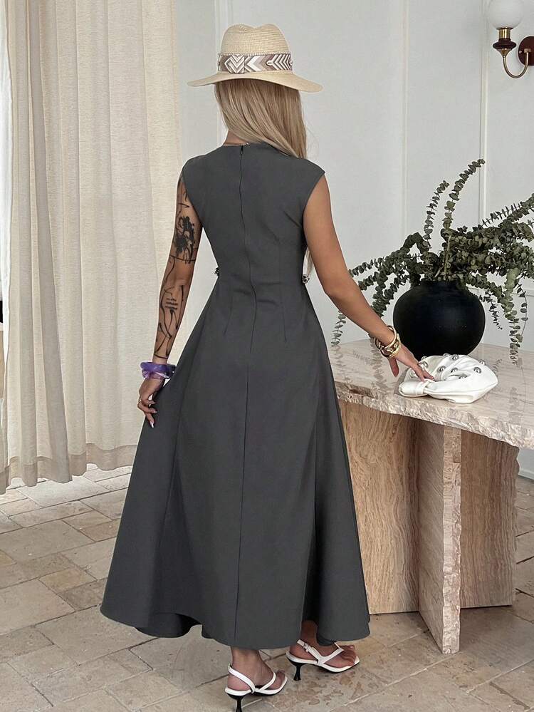 Elegant Party High Neck Sleeveless Waist Cinched Solid Color Dress For Women, Spring/Summer