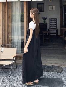 DAZY 女士夏季优雅褶皱中长连衣裙，百搭吊带裙 - 黑色 - 查看 2