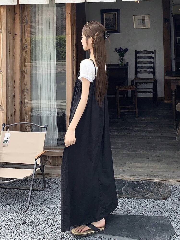 DAZY 女士夏季优雅褶皱中长连衣裙，百搭吊带裙 - 黑色 - 查看 2