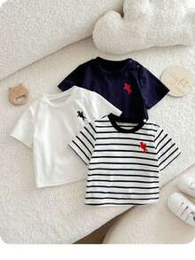 SHEIN Newborn Baby Girl Cute Casual Summer Knit Striped & Printed Short Sleeve T-Shirt, Multi-Color - Multicolor - View 3