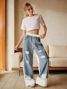 Anewsta 女士休闲嘻哈街头风做旧拼接白色运动裤 - 藍白色 - 查看 1