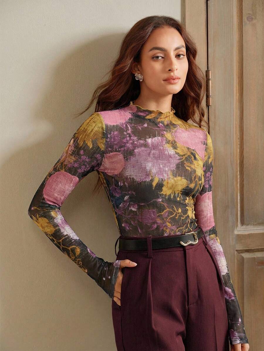 Anewsta Elegantes Top mit floralem Muster und Rüschenkragen, langärmeliges figurbetontes Top für Frauen, geeignet für Herbst, Eleganz, Chic, Neujahr, Lässig - Violett - Übersicht 1