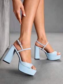 CUCCOO SZL Women's High Heel Square Toe Crimson Textured Patent Leather Metal Button Open Toe Fashion Sandals Social Party Open Toe Sexy Sandals - Baby Blue - View 1