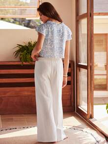 Lullawish Women's Floral Print Tie Front Top And Wide Leg Pants Casual Loungewear Set - Baby Blue - View 2