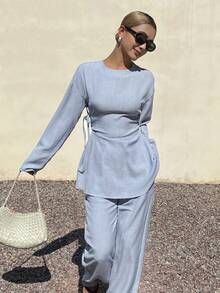 DAZY Women's Solid Color Round Neck Twist Design Long Sleeve Top And Wide Leg Pants Casual 2 Pieces Set Lounge Sets For Women - Blue - View 5