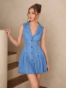 Selenza 女士翻领单排扣荷叶边下摆无袖牛仔连衣裙 - 藍色 - 查看 4