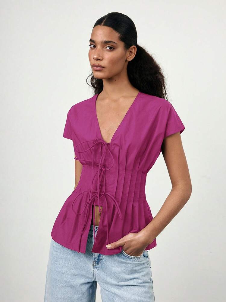 SHEIN Maija Magenta Summmer Boho Vacation Women's V-Neck Front Tie Bow Waist Pleated Puff Sleeve Blouse,Elegant Party Office Casual Top For Wedding Guest Hostess