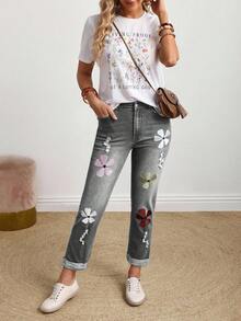 EMERY ROSE Jeans de talla grande con lavado, bordado floral y efecto desgastado - Gris - Ver 6