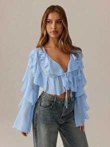 SHEIN SXY Black Top;Fall Women Clothes;Crop Tops;Holiday Costume Party Gathering Black Mesh See-Through Lotus Leaf Strap Deep V Neck Women Sexy Long Sleeve Shirt - Blue - View 4