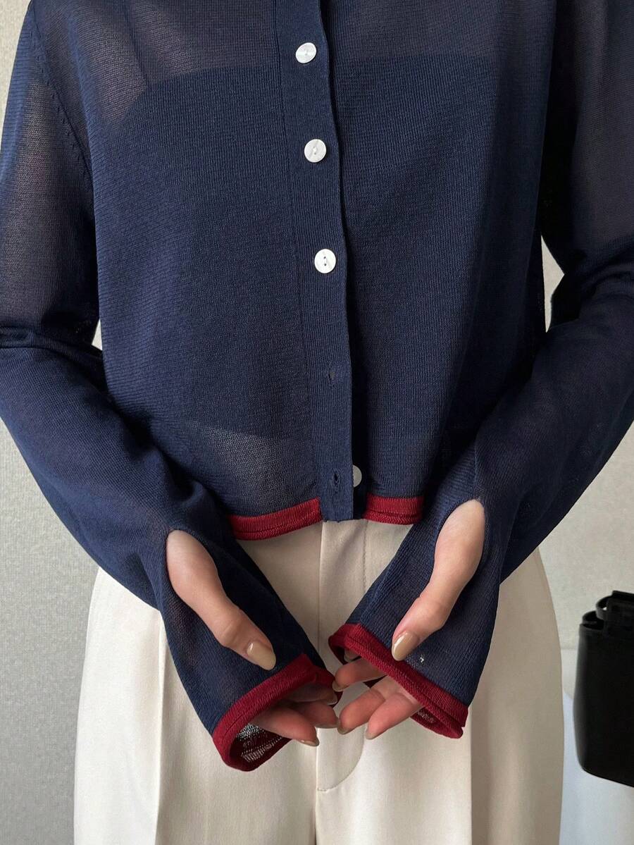 FRIFUL Women's Casual Loose Thin Cardigan With Thumb Hole, Colorblock Sheer Overlay, Versatile For Spring/Summer - Navy Blue - View 1