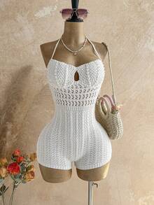 Soleia Women's Autumn Vacation Outfit - Ombre Knit Deep V-Neck Backless Jumpsuit, Sexy & Fashionable Fitted Romper For Party, Date, Afternoon Tea, Boho Beach - White - View 3