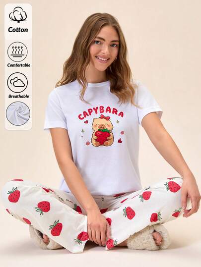 Loomlin Cottonline Women Cute Capybara & Strawbery Cartoon Patterned Sleep Tee + Overall Strawberry Patterned Long Pants Two Pieces Casual And Cute Comfort Pajama Lounge Set Pajamas Women Strawberry Pjs Strawberry Pajamas Cute Pjs Set Women Cartoon Pajamas Women