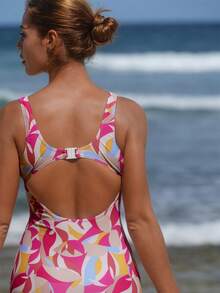 Swim SPRTY Women's Geometric Print Backless One-Piece Swimsuit, Fashionable For Vacation - Multicolor - View 4