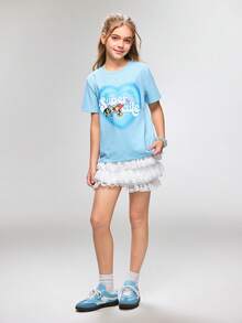 THE POWERPUFF GIRLS X SHEIN 少女休闲卡通爱心印花T恤，夏季 - 藍色 - 查看 5