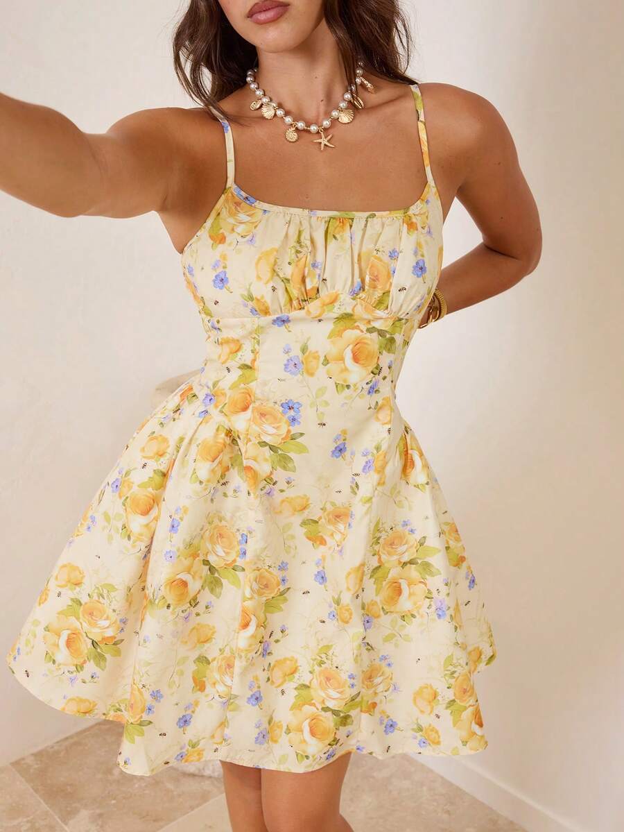 Enchnt Váy ngắn hai dây in họa tiết, kiểu dáng thường ngày, ôm eo. - Màu vàng - Xem 1