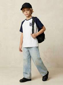 Casuvi Kids Tween Boy Casual Blue & White Color Block Raglan Sleeve Letter Graphic Round Neck T-Shirt, Left Chest LA Print Design, Suitable For Spring & Summer, Outdoor Play, School, Street Style, Party And Leisure Baseball Shirt For Kids Round Neck Short Sleeve Tee For Kids Kids Boy Summer Tshirt Boys T Shirts Half Sleeve - Blue and White - View 9