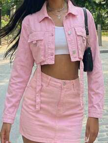 SHEIN ICON Women's Casual Turndown Collar Single-Breasted Long Sleeve Denim Jacket, Versatile For Daily Wear - Pink - View 1