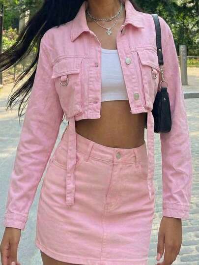 SHEIN ICON 女士休闲翻领单排扣长袖牛仔外套，日常百搭