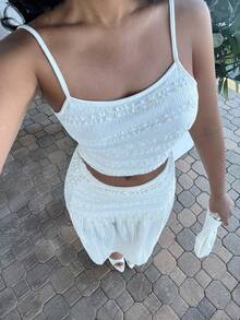 Alexandranx 女士杏色优雅荷叶边吊带背心和迷你裙两件套，度假装，夏季女装，西式女装，乡村风女装，度假两件套 - 杏色 - 查看 5