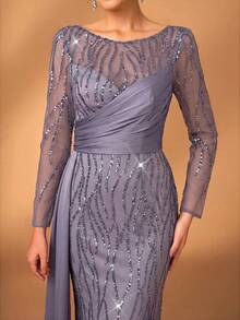 Serin 优雅奢华的串珠亮片花卉拼接弹力缎面薄纱长袖鱼尾连衣裙，适合婚礼、派对、度假、舞会、新娘母亲晚礼服 - 淺灰紫 - 查看 4