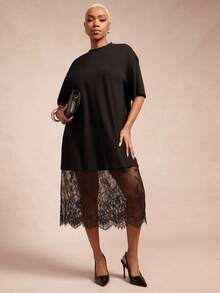 Vixey Lace Hem Drop Shoulder Round Neck Midi Shirt Dress - Black - View 1