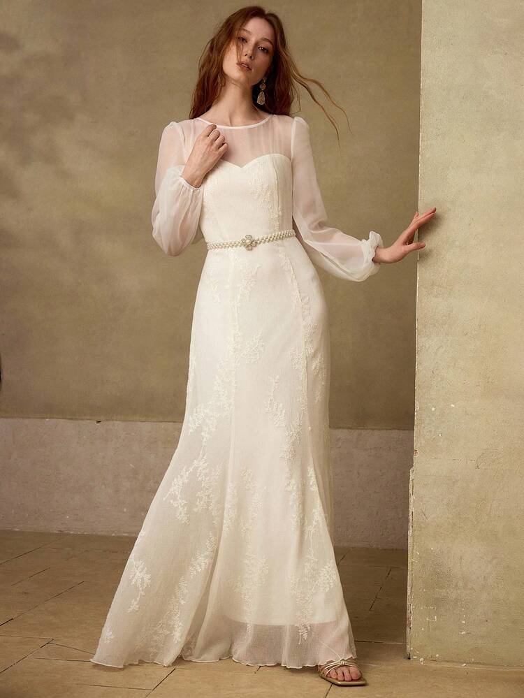 CONTRAST MESH FAUX PEARL BELTED ELEGANT LONG SLEEVE DRESS