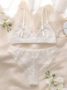 2pcs Triangular Cup Criss-Cross Back Bowknot Bohemian Romantic Comfortable Daily Women Lingerie Set - White - View 2