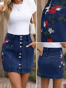 EMERY ROSE Chân váy denim nữ dáng suông, thêu hoa, có túi. - Màu xanh lam - Xem 1