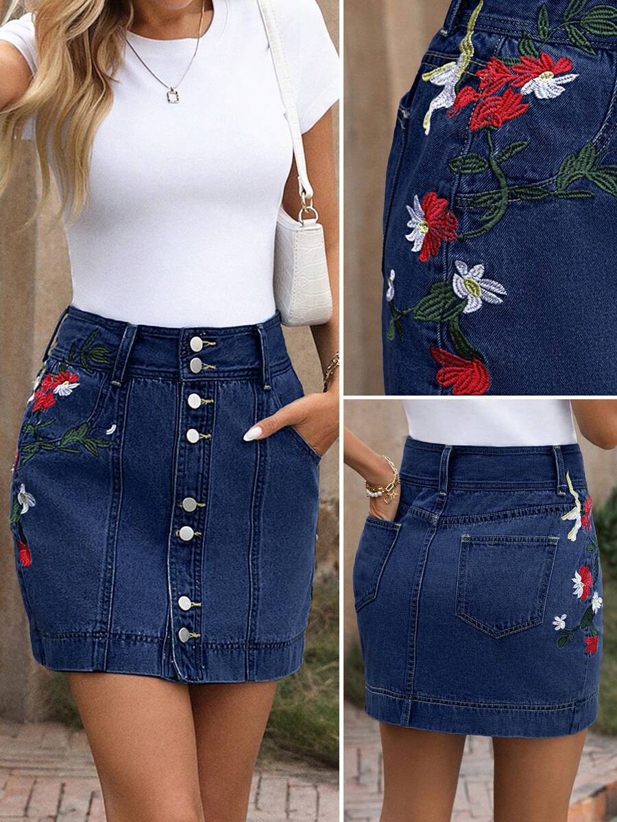 EMERY ROSE Chân váy denim nữ dáng suông, thêu hoa, có túi. - Màu xanh lam - Xem 1