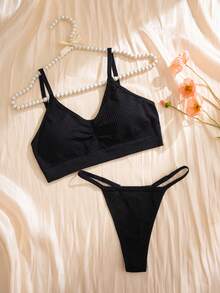 NudeFit 2pcs Set Women's Casual Minimalist Seamless Jacquard Wireless Bra And Panty Underwear Set - Black - View 6