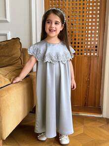 Dazy Kids Young Girl Elegant Solid Color Lace Trim Dress, Summer - Green - View 3