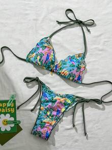 Swim Vcay 女款多色掛脖綁帶側綁比基尼套裝 植物圖案泳衣 綁帶背部細節 - 彩色 - 查看 2