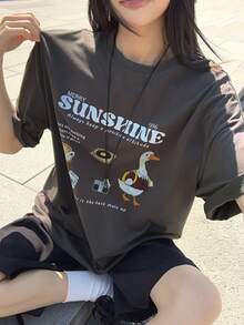 DAZY 女士夏季圆领宽松短袖做旧印花休闲T恤 - 深灰色 - 查看 5