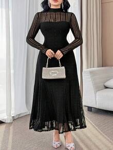 Feyla Vestido de encaje de unicolor elegante para talla grande para ir al trabajo - Negro - Ver 6