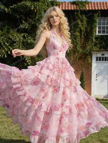 SHEIN MOD Đầm xếp tầng cổ yếm in hoa, màu hồng. - Hồng - Xem 4