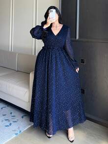 Dazy Plus Vestido elegante de manga farol con cuello en V y cintura fruncida, adecuado para citas y fiestas. Vestidos de verano para mujer de talla grande - Azul Marino - Ver 7