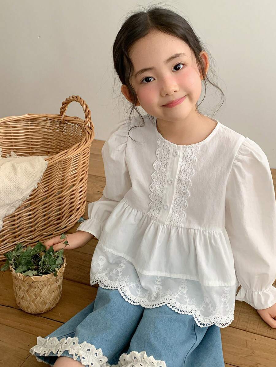 DAZY 女童春季休閒花卉刺繡泡泡袖上衣 - 白色 - 查看 1