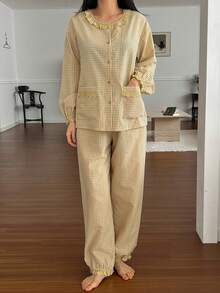 DAZY Spring Sweet Plaid Ruffle Trim Lantern Sleeve Women Pajama Set - Yellow - View 3