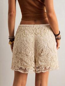 Freevana 女士刺绣系带宽松针织短裤 - 杏色 - 查看 2