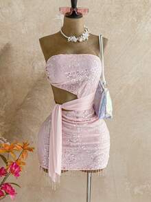 Soleia Spring/Summer New Casual Vacation Western Beach Wedding Guest Attire Graduation Brunch Women's Dress, Elegant Bohemian Tropical Hollow Out Beaded Tassel Valentine's Day Party Pink Mini Dress,Valentine's Day Outfit ,Wedding Party Dress,Sequin Dress - Baby Pink - View 7