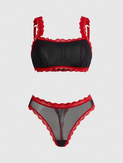 ROMWE Goth 哥特式蕾丝拼接网纱女士内衣套装