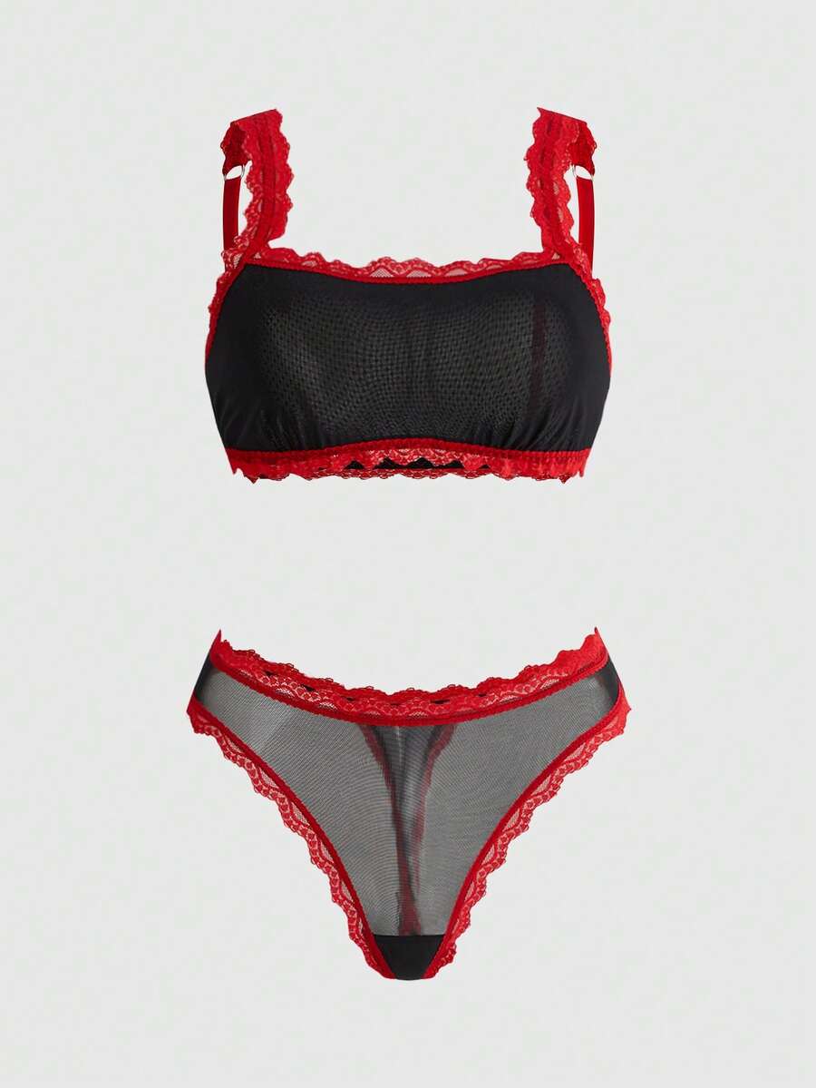 ROMWE Bộ đồ lót nữ phối ren lưới kiểu Gothic - màu đen - Xem 1