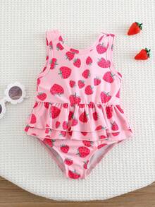 SHEIN 女婴草莓印花荷叶边可爱连体泳衣 - 粉色 - 查看 1